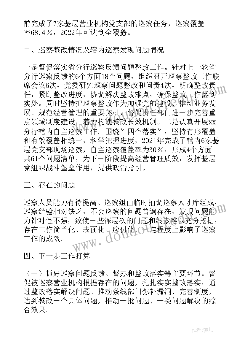 银行巡察回头看工作报告 银行分行年度巡察工作报告(通用5篇)