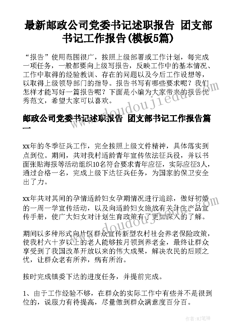 最新邮政公司党委书记述职报告 团支部书记工作报告(模板5篇)