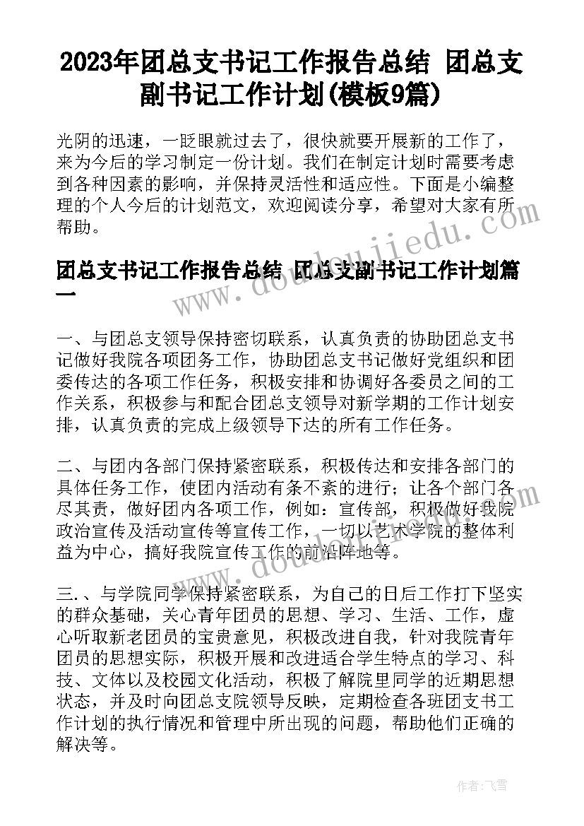 2023年团总支书记工作报告总结 团总支副书记工作计划(模板9篇)