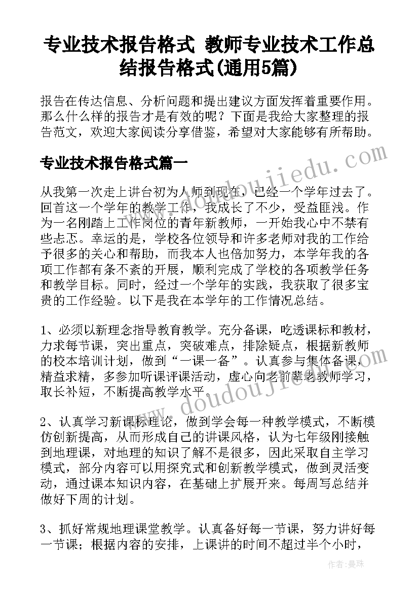 专业技术报告格式 教师专业技术工作总结报告格式(通用5篇)