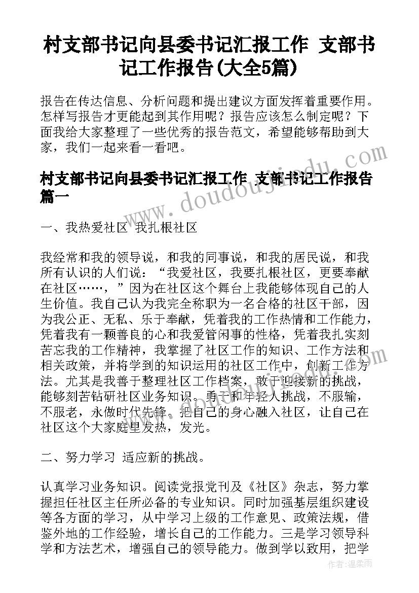 村支部书记向县委书记汇报工作 支部书记工作报告(大全5篇)