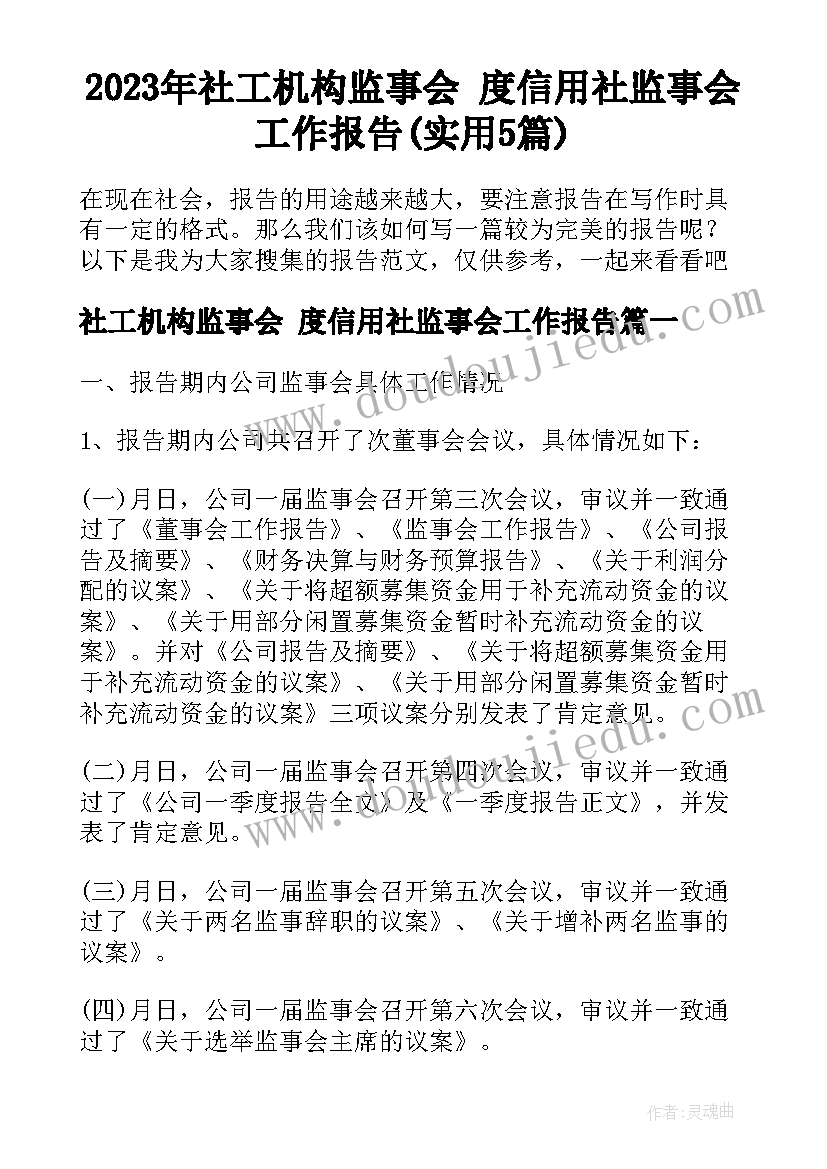 2023年社工机构监事会 度信用社监事会工作报告(实用5篇)