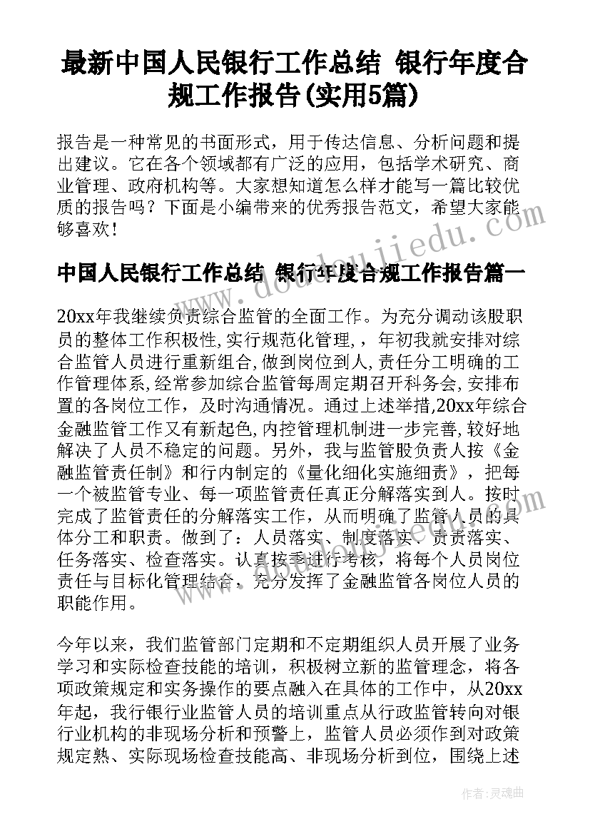 最新中国人民银行工作总结 银行年度合规工作报告(实用5篇)