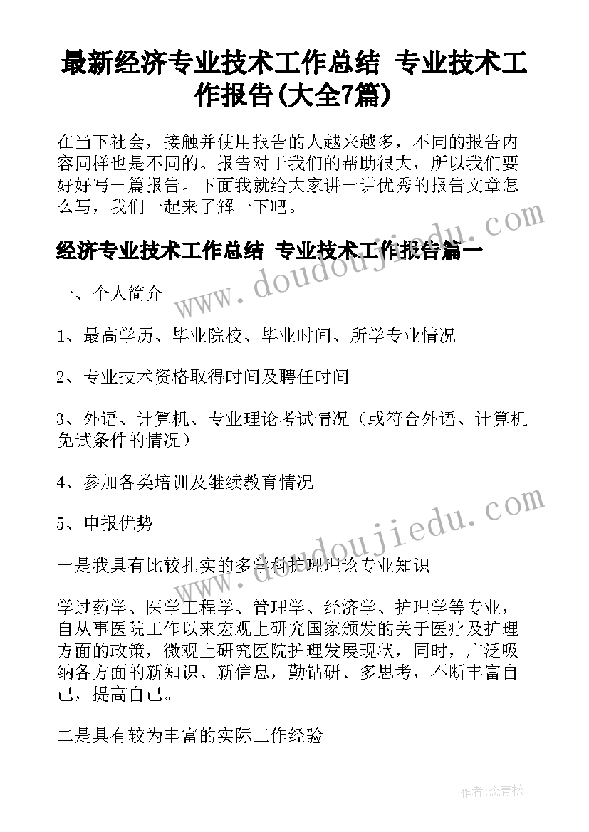 最新经济专业技术工作总结 专业技术工作报告(大全7篇)