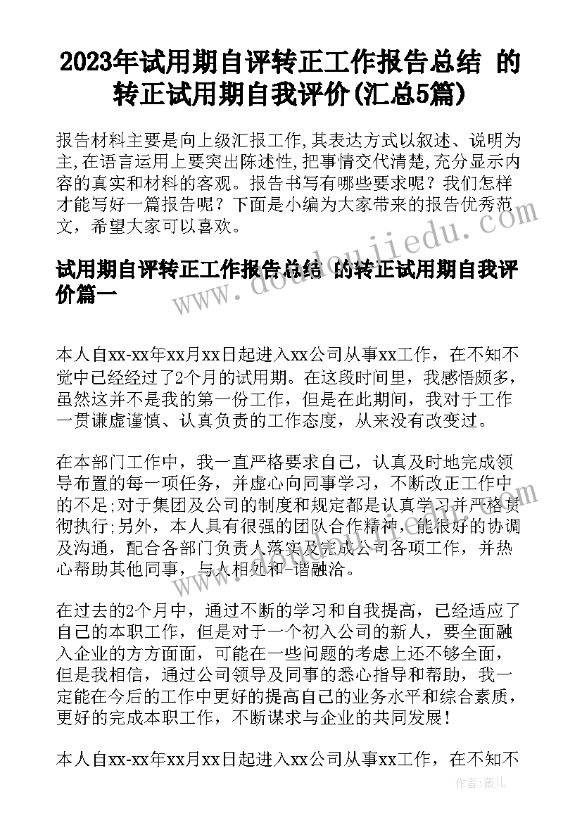 2023年试用期自评转正工作报告总结 的转正试用期自我评价(汇总5篇)