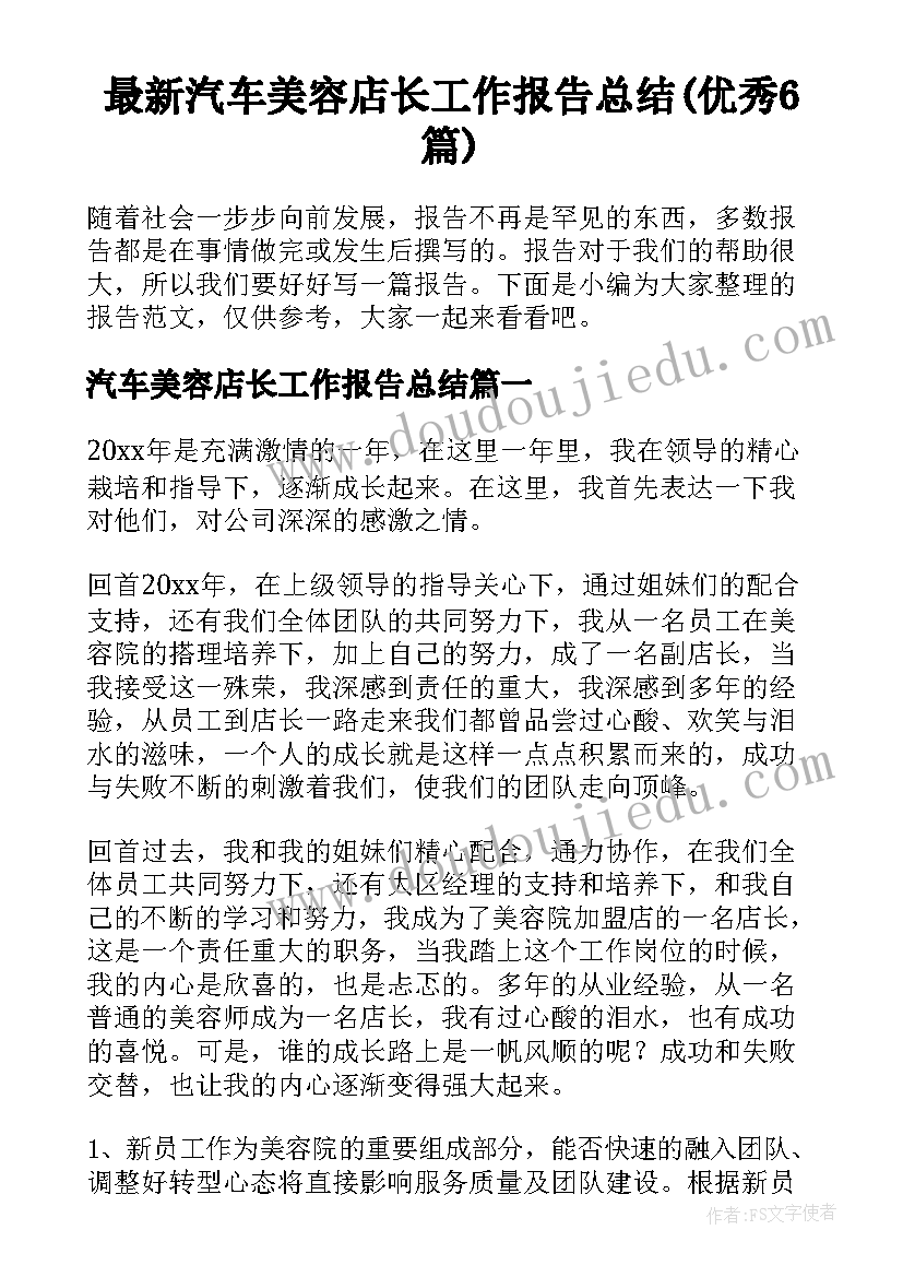 最新汽车美容店长工作报告总结(优秀6篇)