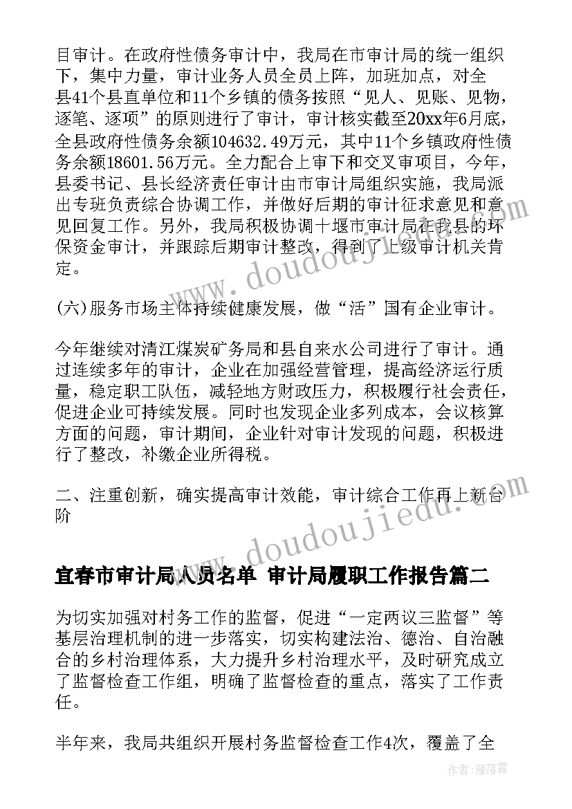 宜春市审计局人员名单 审计局履职工作报告(实用10篇)