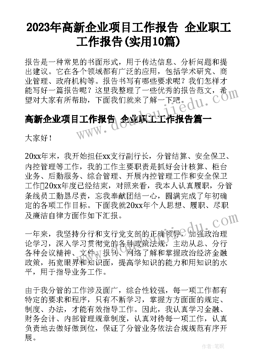 2023年高新企业项目工作报告 企业职工工作报告(实用10篇)