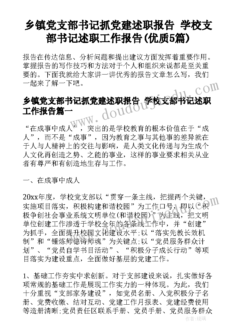 乡镇党支部书记抓党建述职报告 学校支部书记述职工作报告(优质5篇)