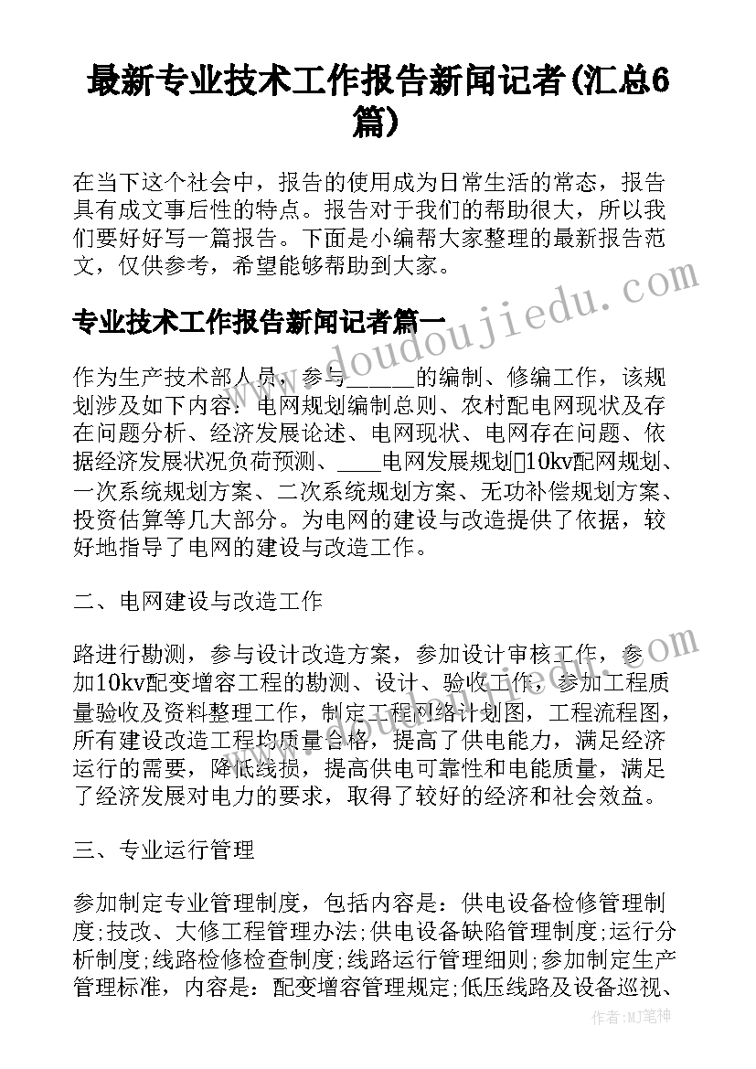 最新专业技术工作报告新闻记者(汇总6篇)