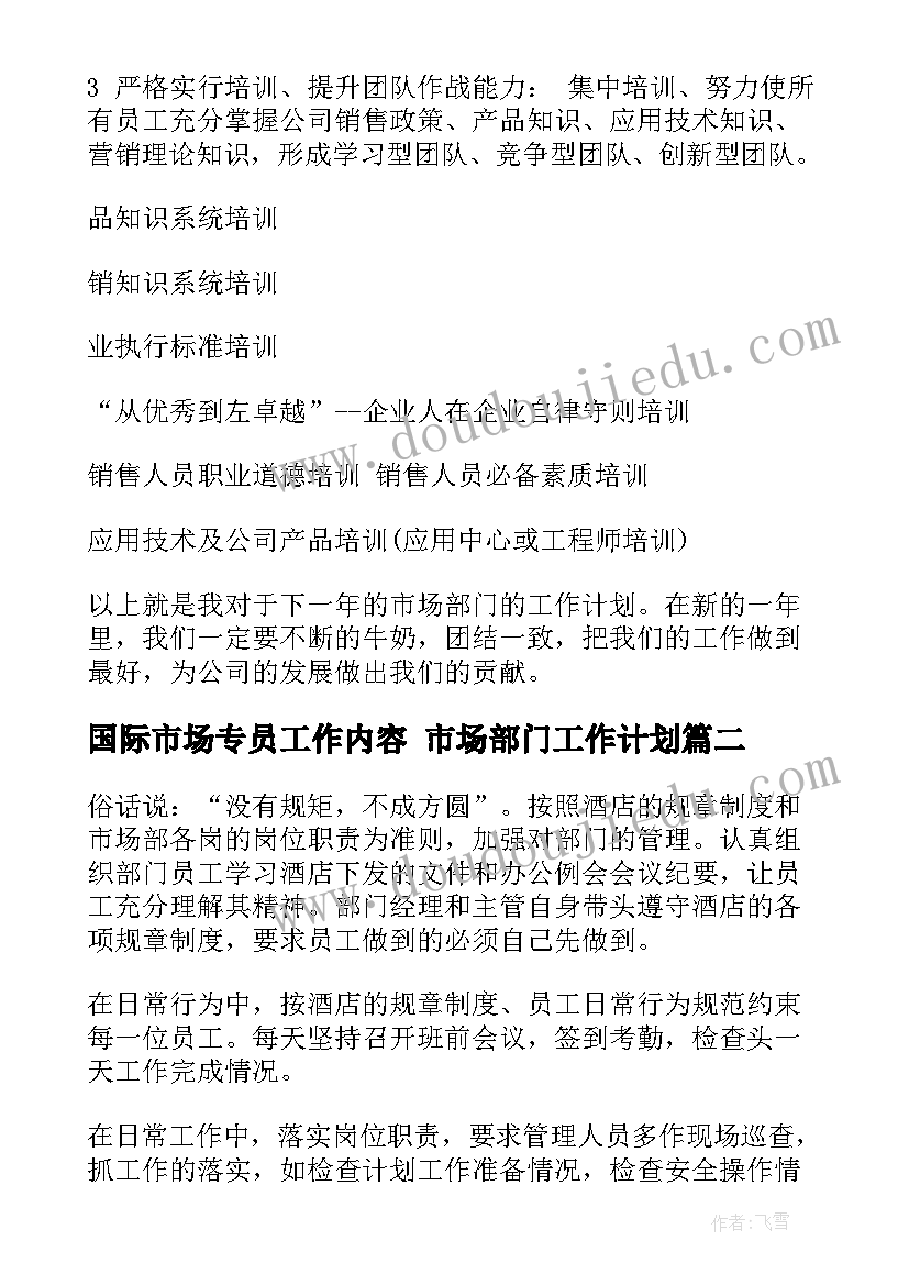 国际市场专员工作内容 市场部门工作计划(优质5篇)