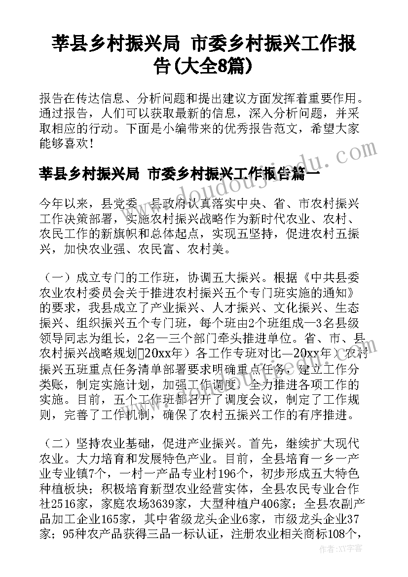 莘县乡村振兴局 市委乡村振兴工作报告(大全8篇)