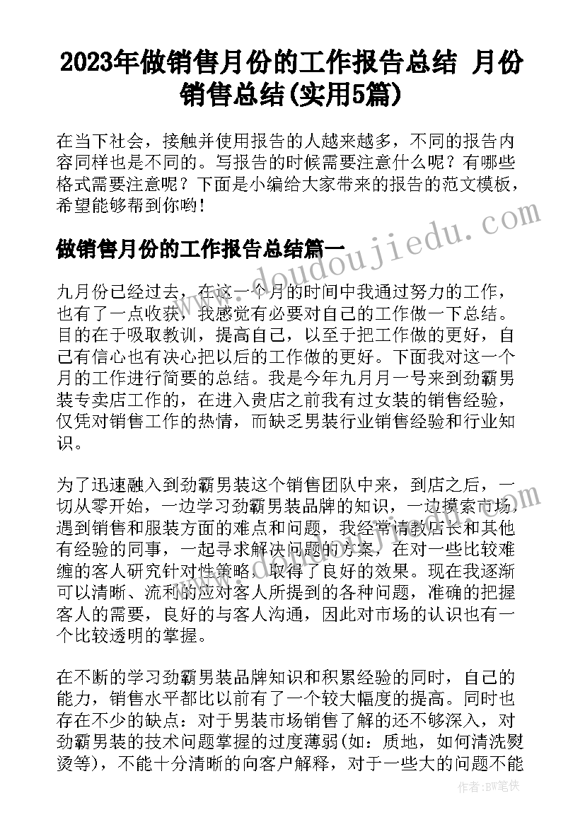 2023年做销售月份的工作报告总结 月份销售总结(实用5篇)