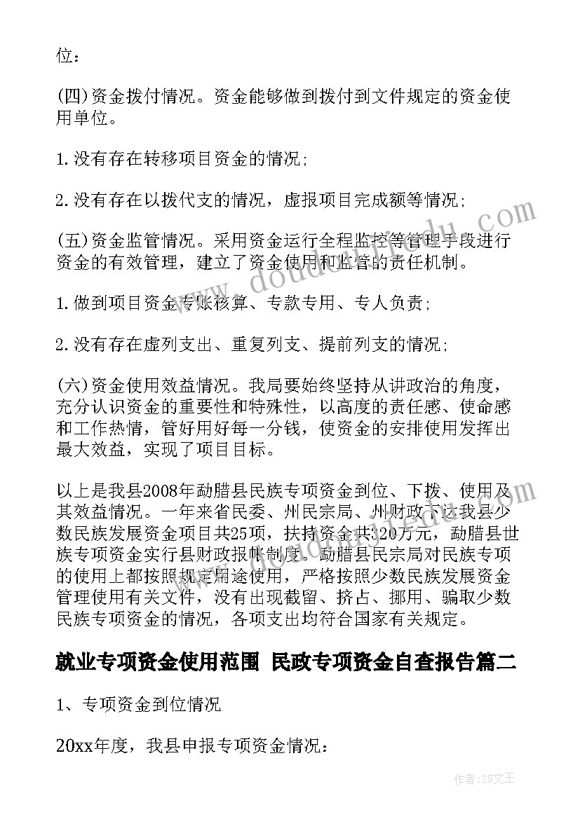 2023年就业专项资金使用范围 民政专项资金自查报告(实用8篇)