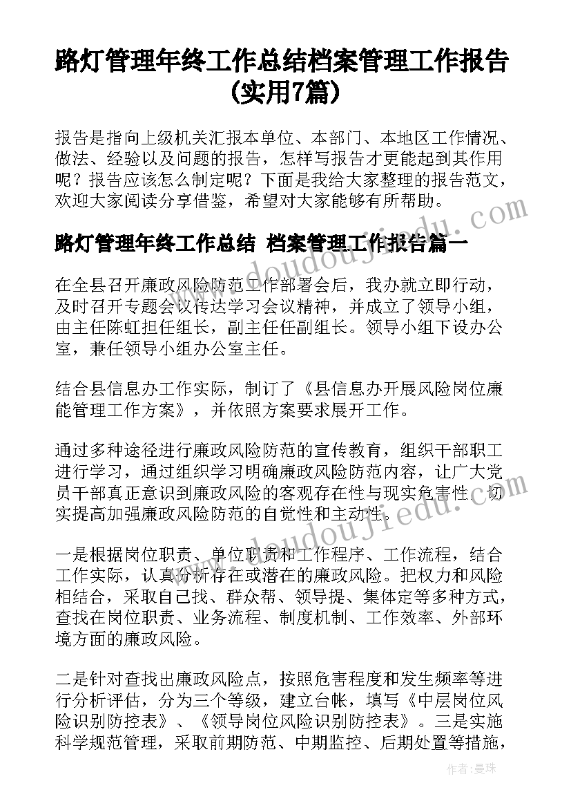 路灯管理年终工作总结 档案管理工作报告(实用7篇)