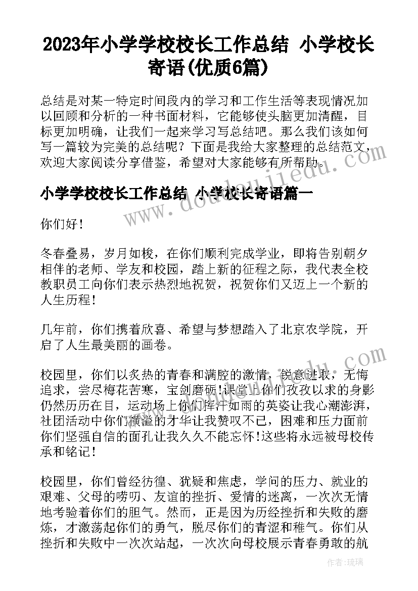 2023年小学学校校长工作总结 小学校长寄语(优质6篇)