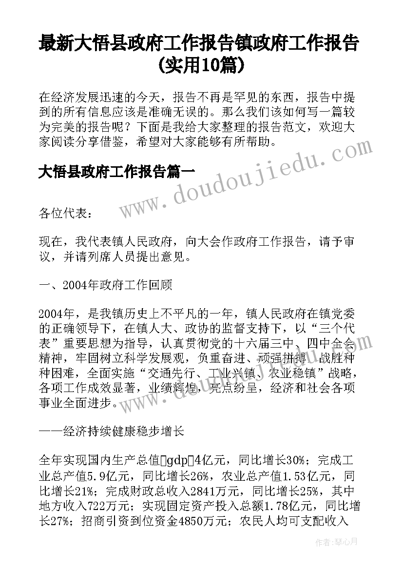 最新大悟县政府工作报告 镇政府工作报告(实用10篇)