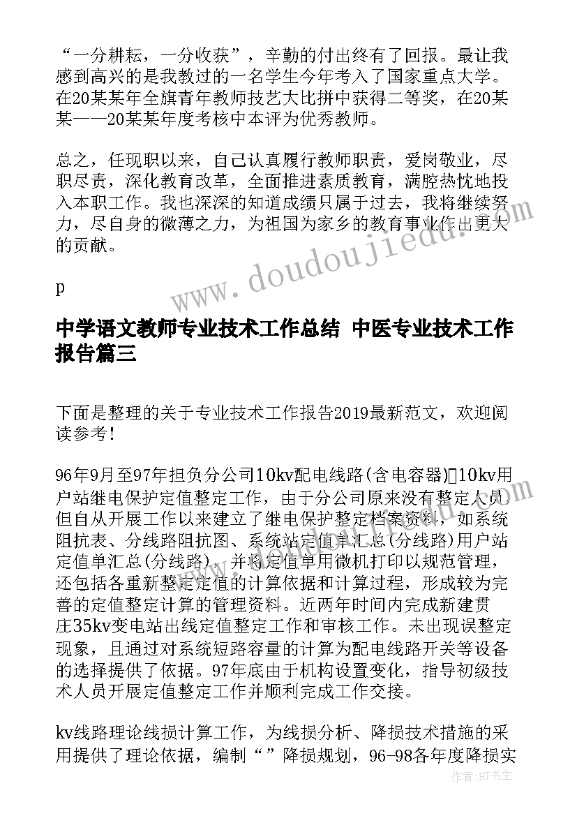 2023年中学语文教师专业技术工作总结 中医专业技术工作报告(大全9篇)