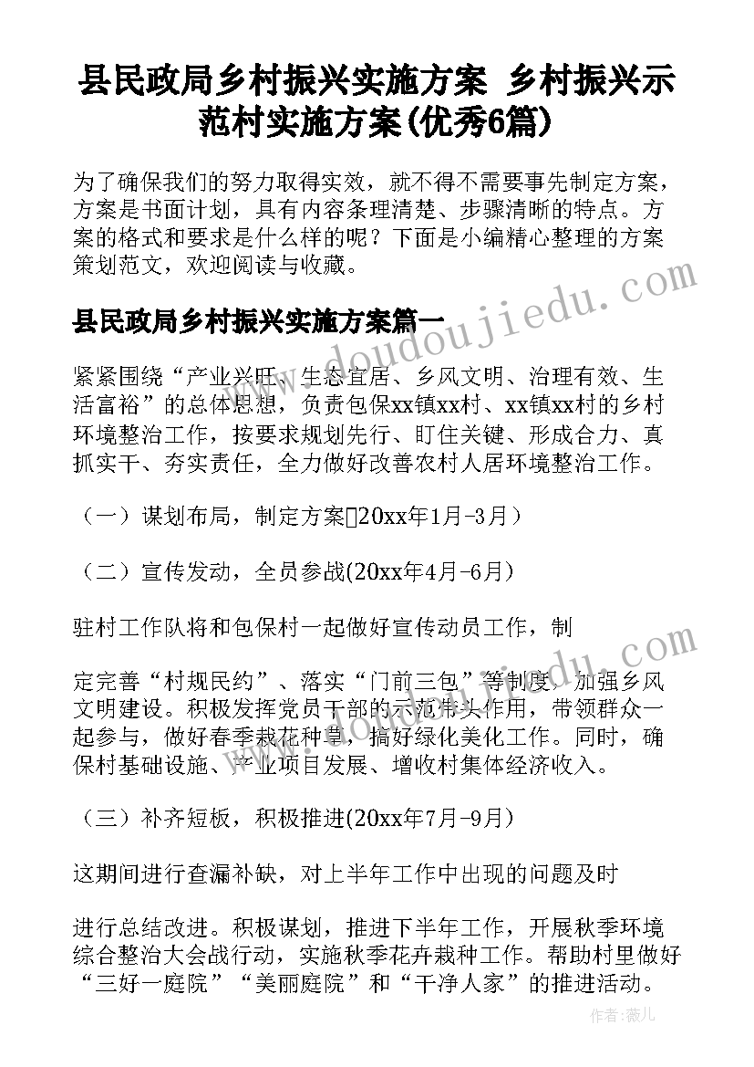 县民政局乡村振兴实施方案 乡村振兴示范村实施方案(优秀6篇)