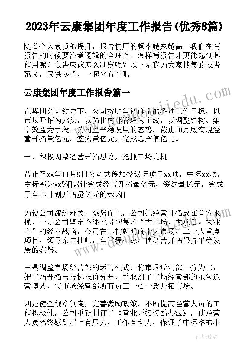 2023年云康集团年度工作报告(优秀8篇)