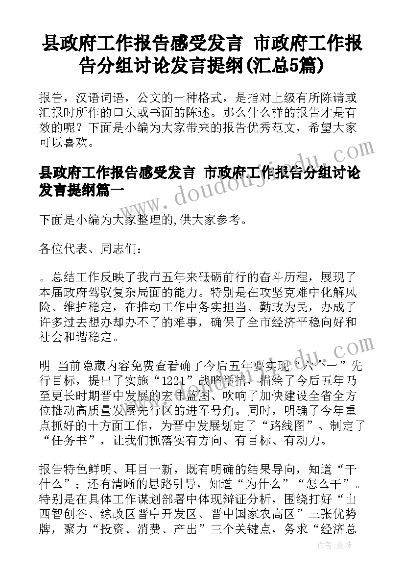 县政府工作报告感受发言 市政府工作报告分组讨论发言提纲(汇总5篇)