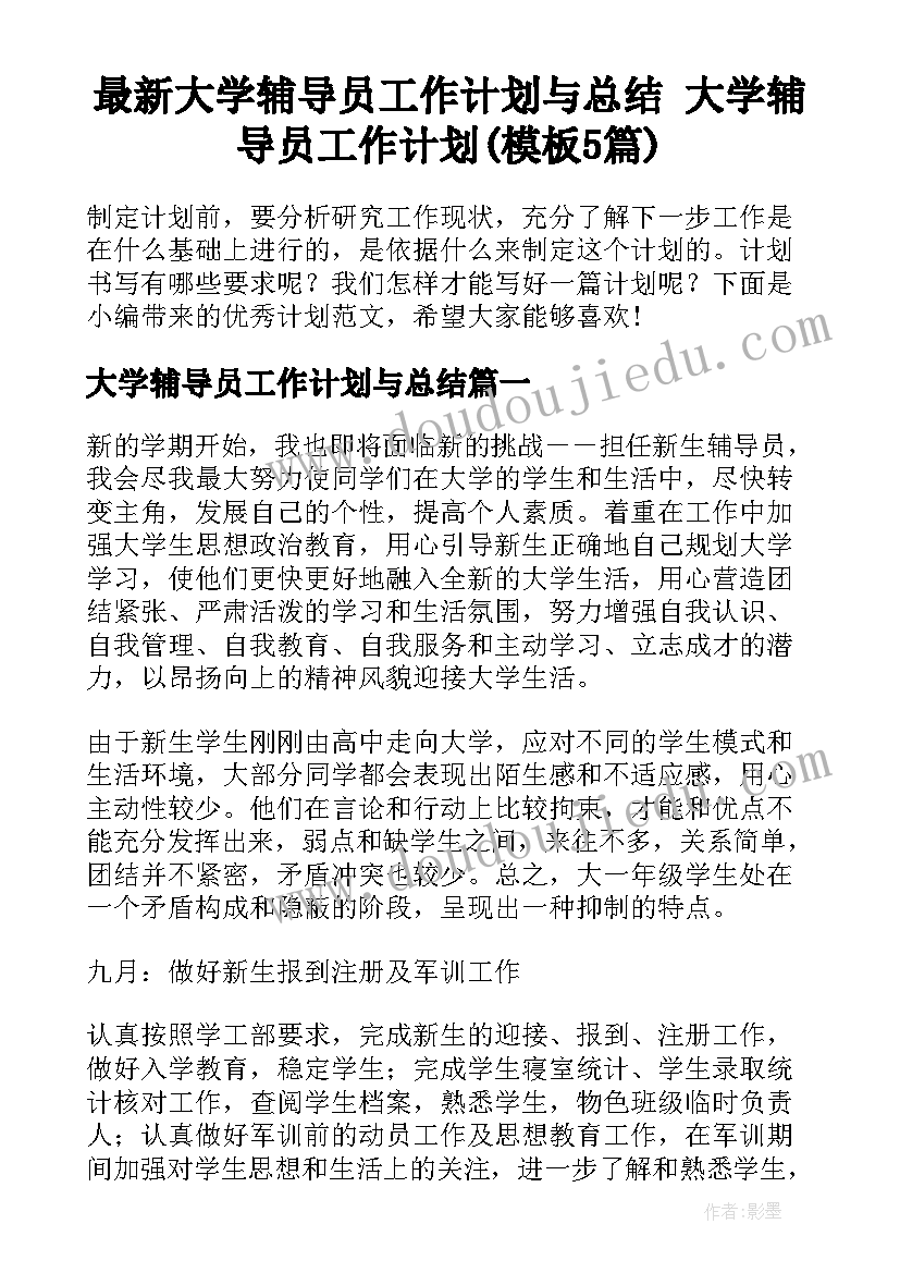 最新大学辅导员工作计划与总结 大学辅导员工作计划(模板5篇)