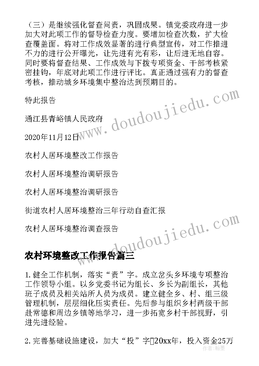 农村环境整改工作报告(模板9篇)