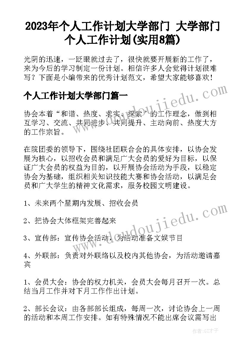 2023年个人工作计划大学部门 大学部门个人工作计划(实用8篇)