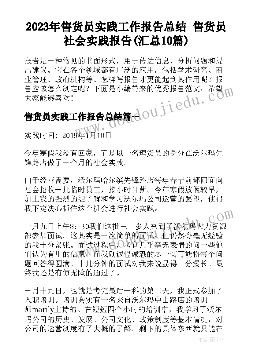 2023年售货员实践工作报告总结 售货员社会实践报告(汇总10篇)