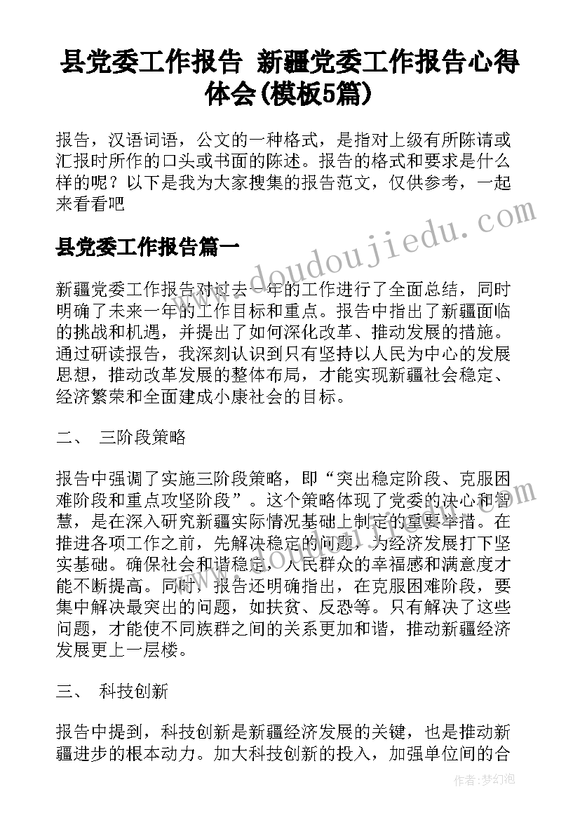 县党委工作报告 新疆党委工作报告心得体会(模板5篇)