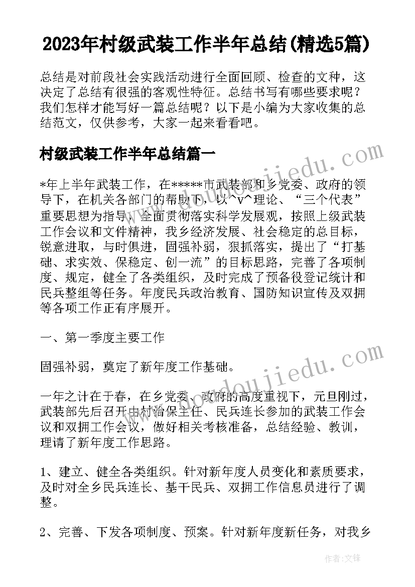 2023年村级武装工作半年总结(精选5篇)