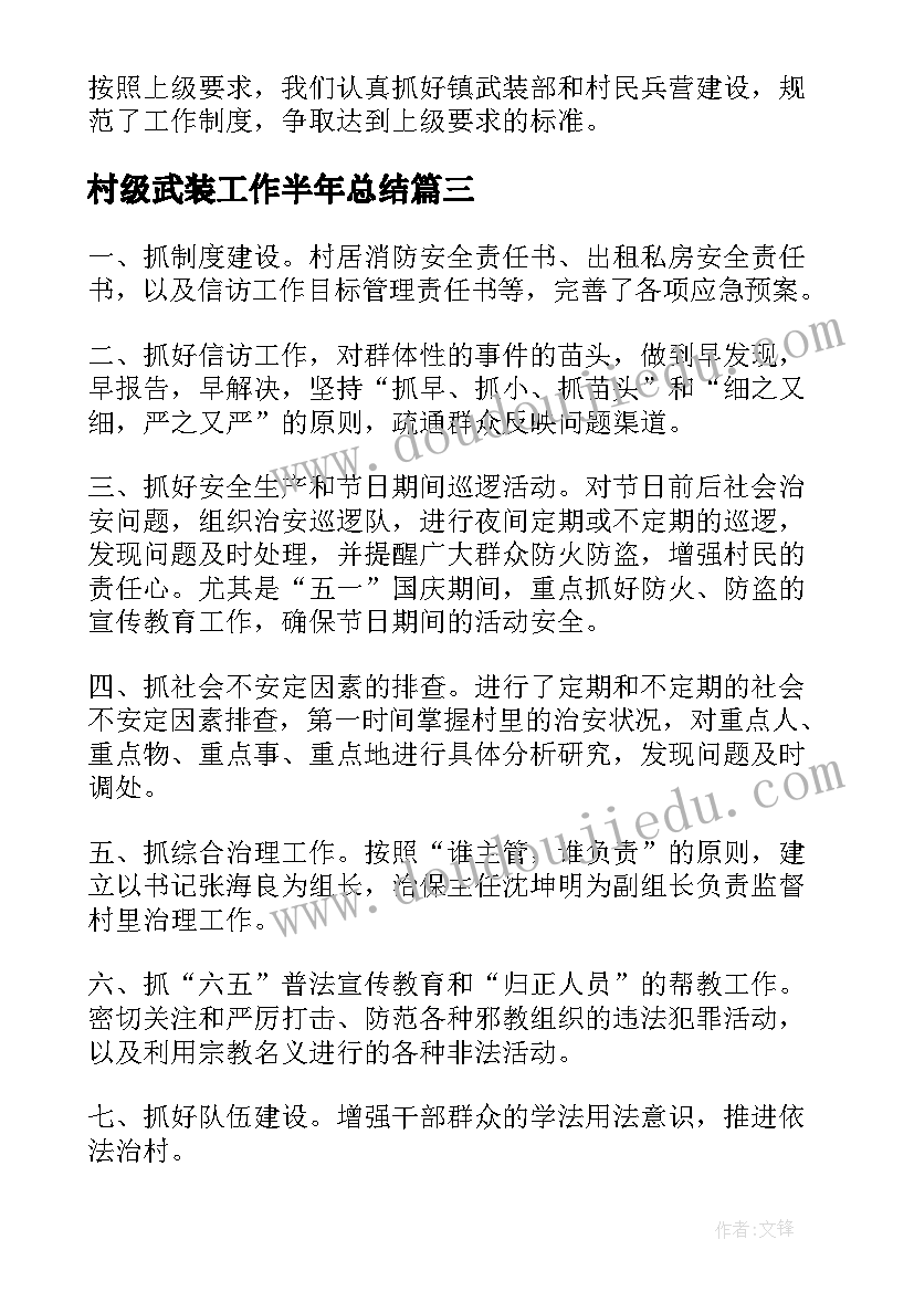 2023年村级武装工作半年总结(精选5篇)