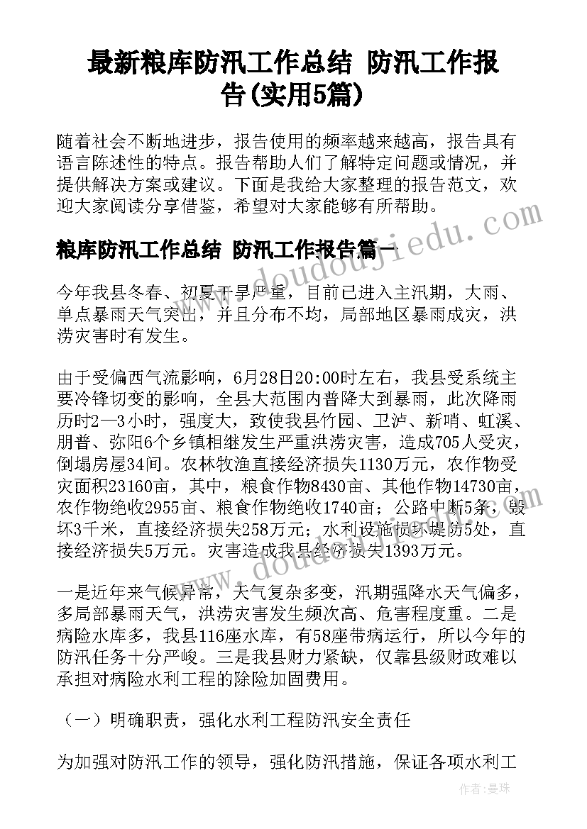 最新粮库防汛工作总结 防汛工作报告(实用5篇)