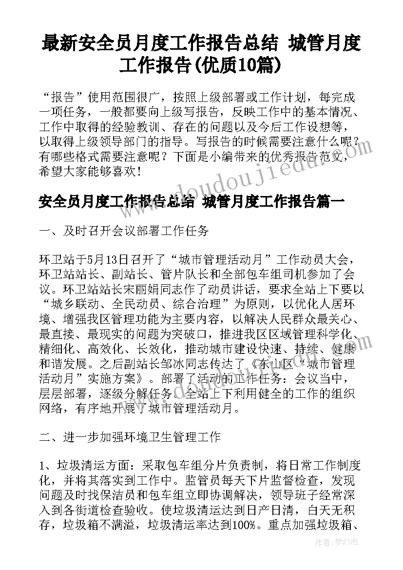 最新安全员月度工作报告总结 城管月度工作报告(优质10篇)