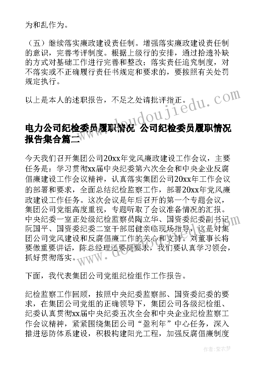 电力公司纪检委员履职情况 公司纪检委员履职情况报告集合(精选5篇)