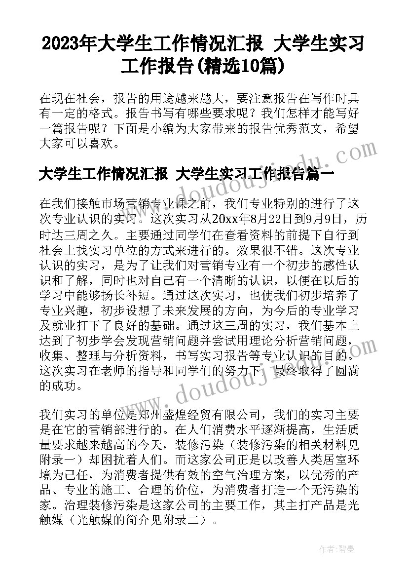 2023年大学生工作情况汇报 大学生实习工作报告(精选10篇)