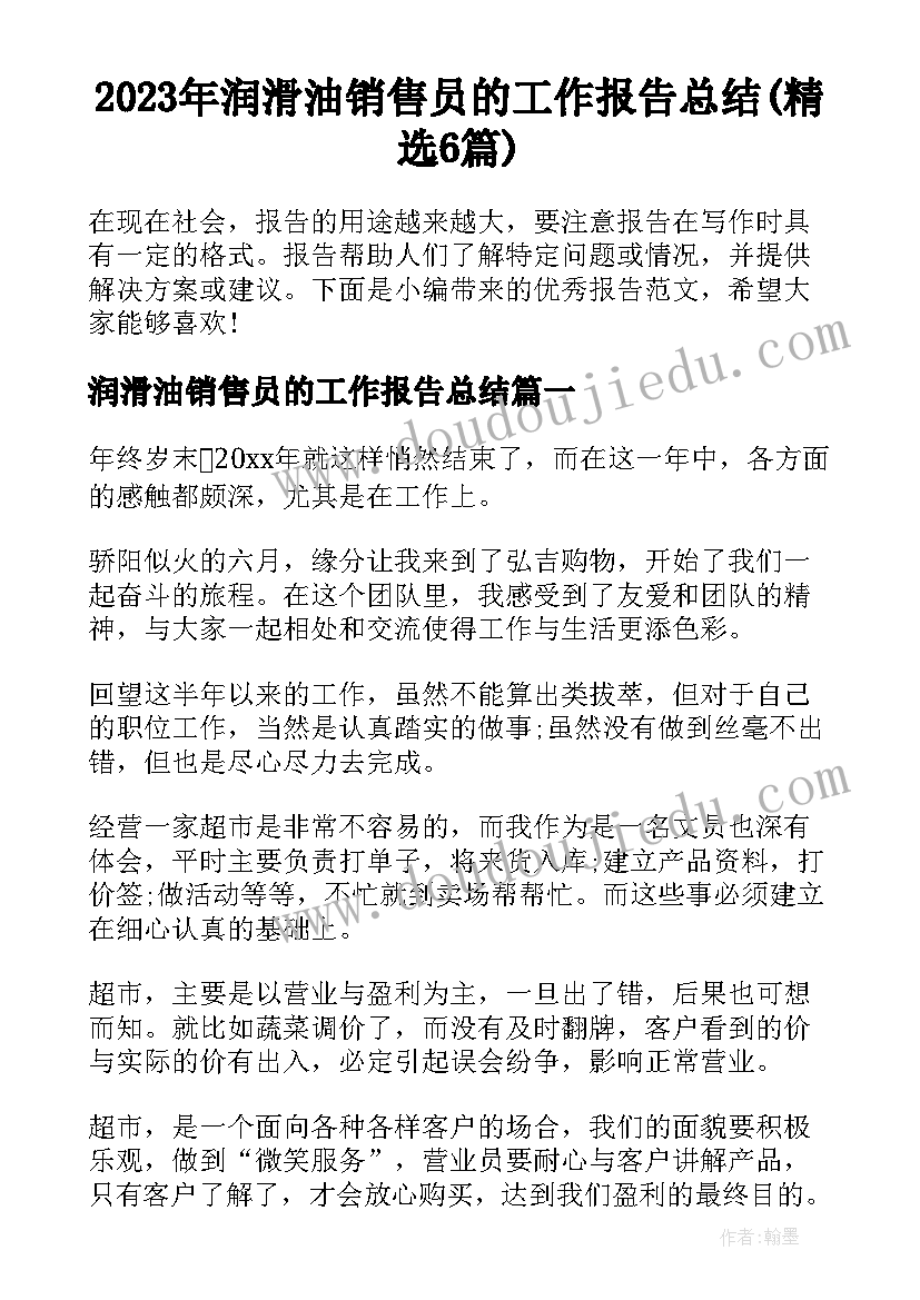 2023年润滑油销售员的工作报告总结(精选6篇)