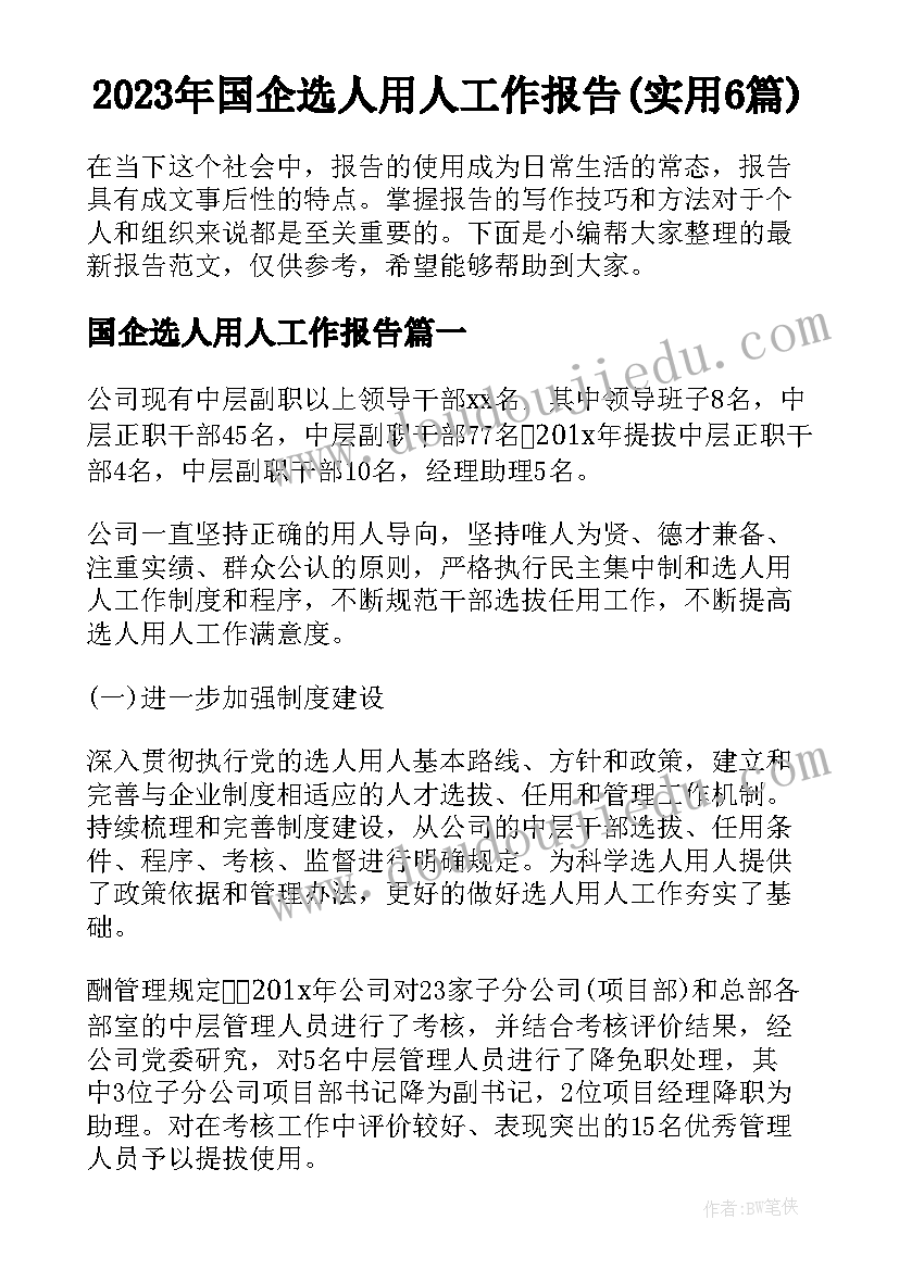 2023年国企选人用人工作报告(实用6篇)