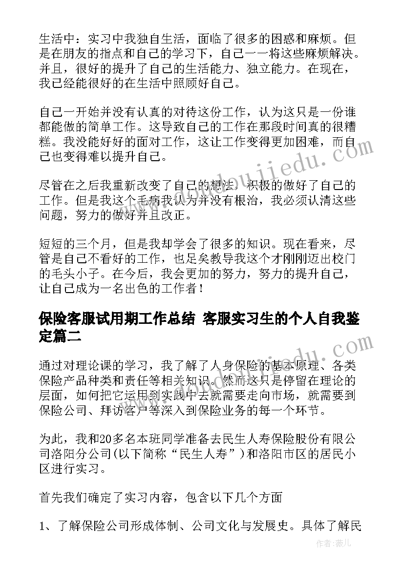 2023年保险客服试用期工作总结 客服实习生的个人自我鉴定(实用5篇)