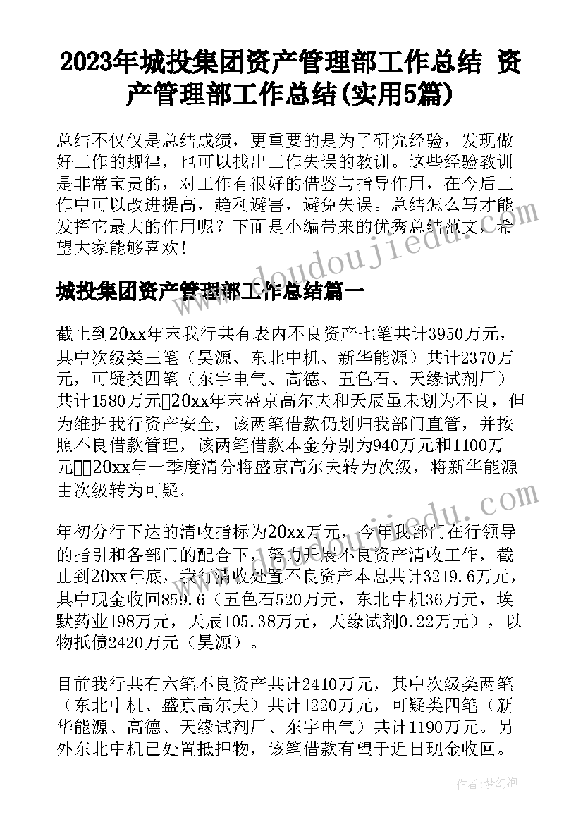 2023年城投集团资产管理部工作总结 资产管理部工作总结(实用5篇)