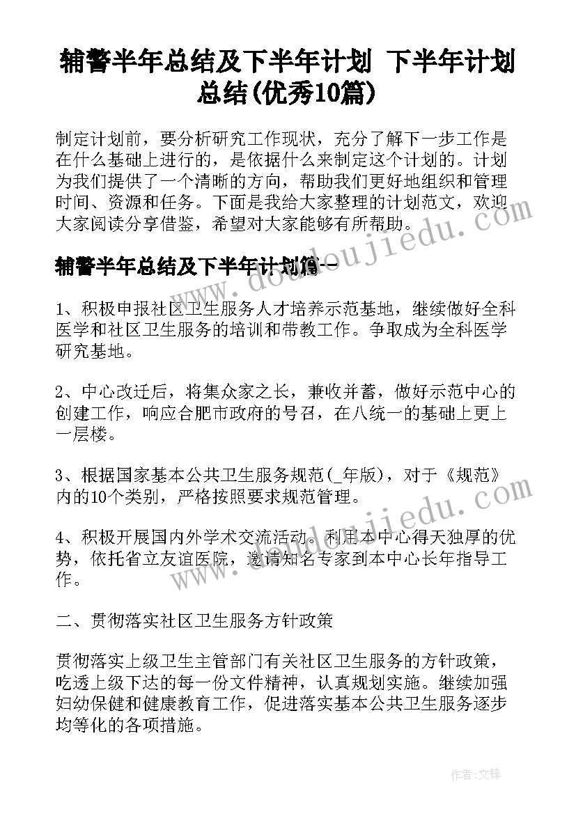 辅警半年总结及下半年计划 下半年计划总结(优秀10篇)