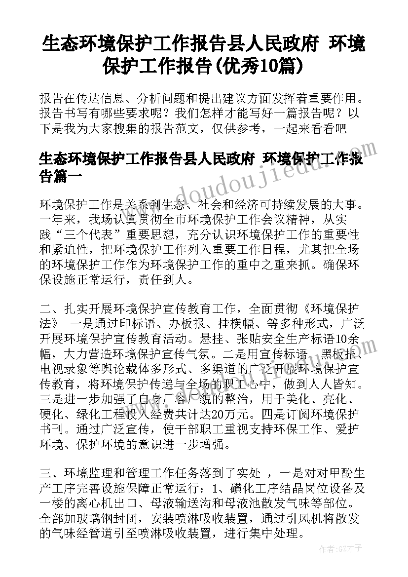 生态环境保护工作报告县人民政府 环境保护工作报告(优秀10篇)