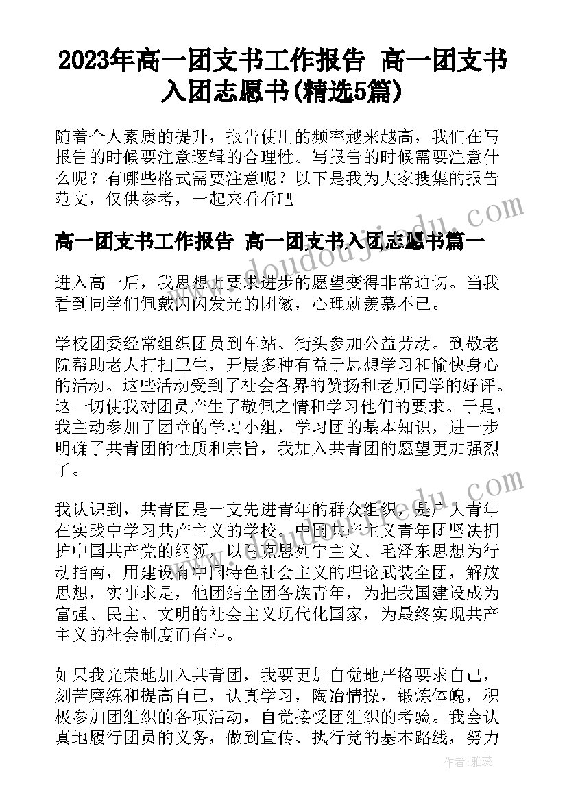 2023年高一团支书工作报告 高一团支书入团志愿书(精选5篇)