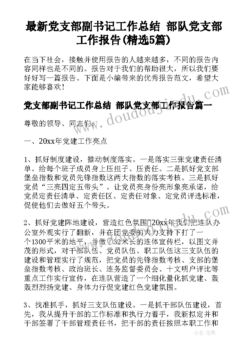 最新党支部副书记工作总结 部队党支部工作报告(精选5篇)