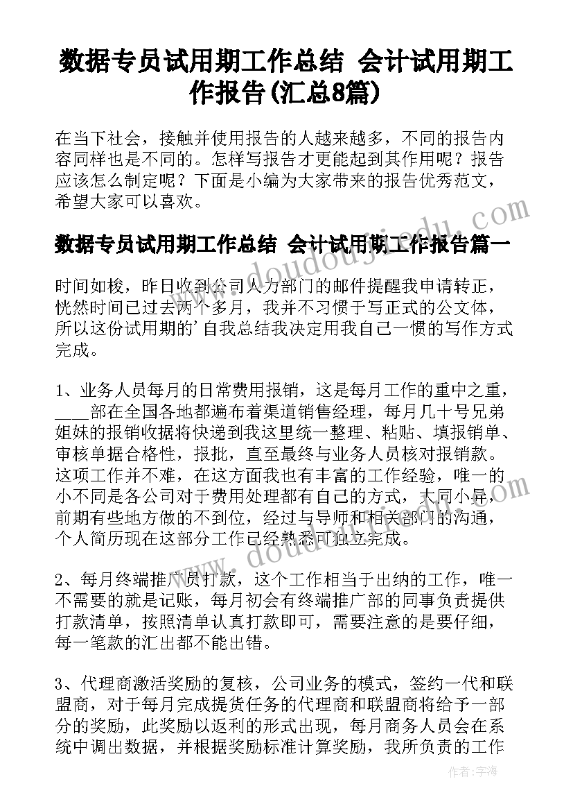 数据专员试用期工作总结 会计试用期工作报告(汇总8篇)