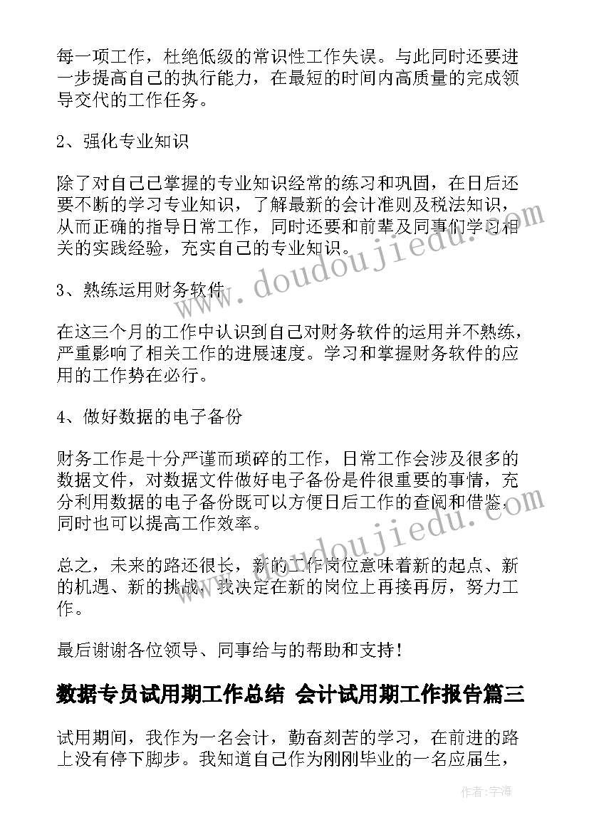 数据专员试用期工作总结 会计试用期工作报告(汇总8篇)