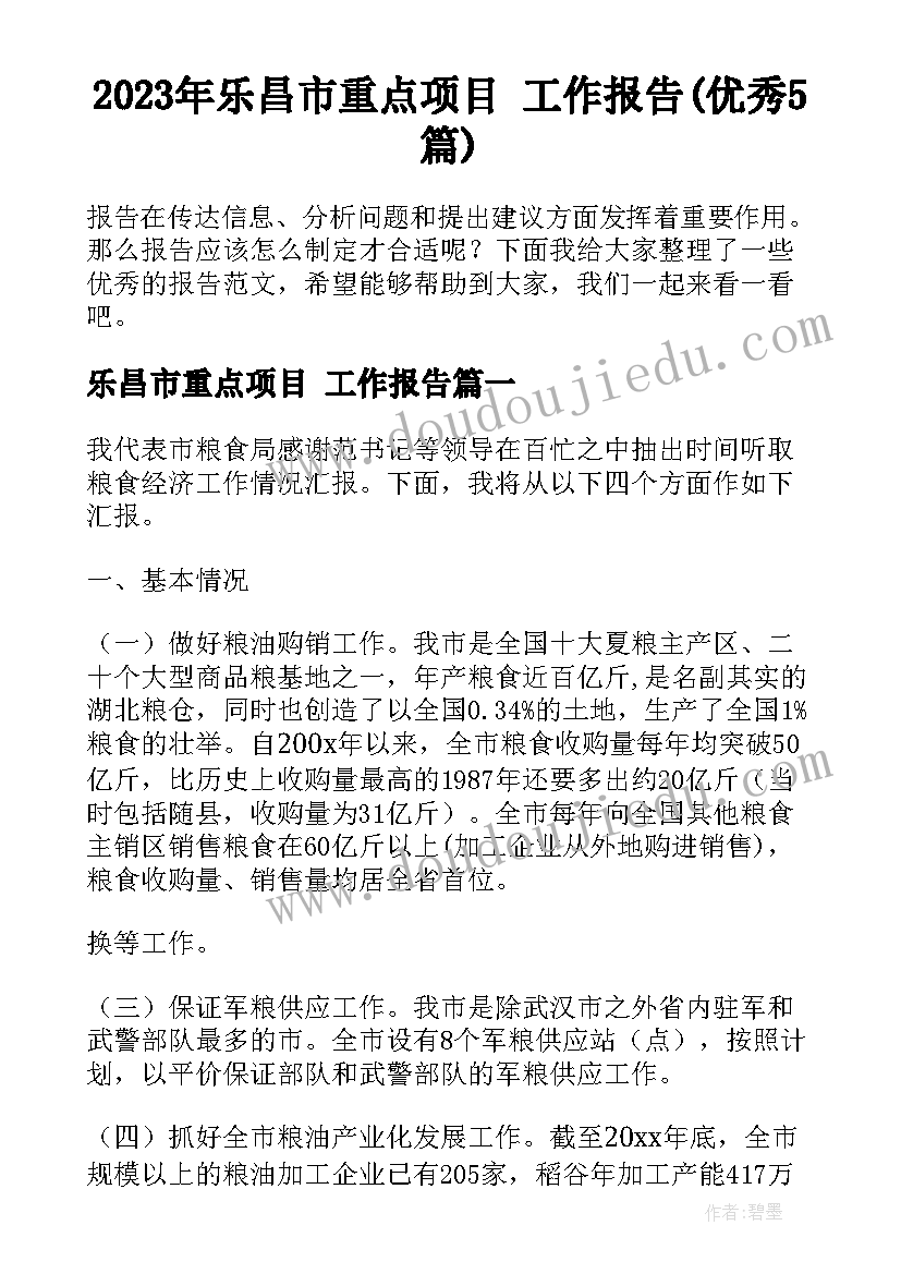 2023年乐昌市重点项目 工作报告(优秀5篇)