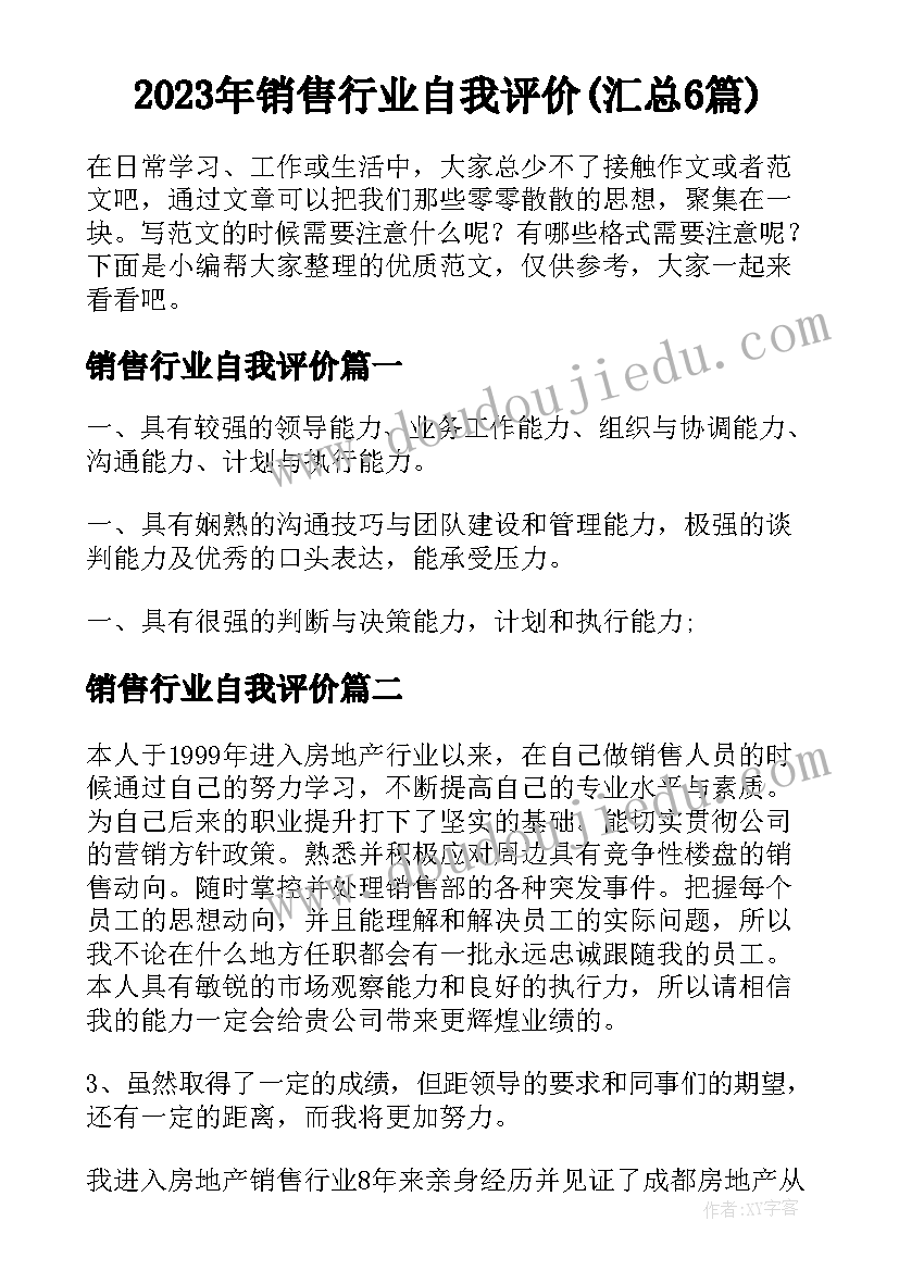 2023年销售行业自我评价(汇总6篇)