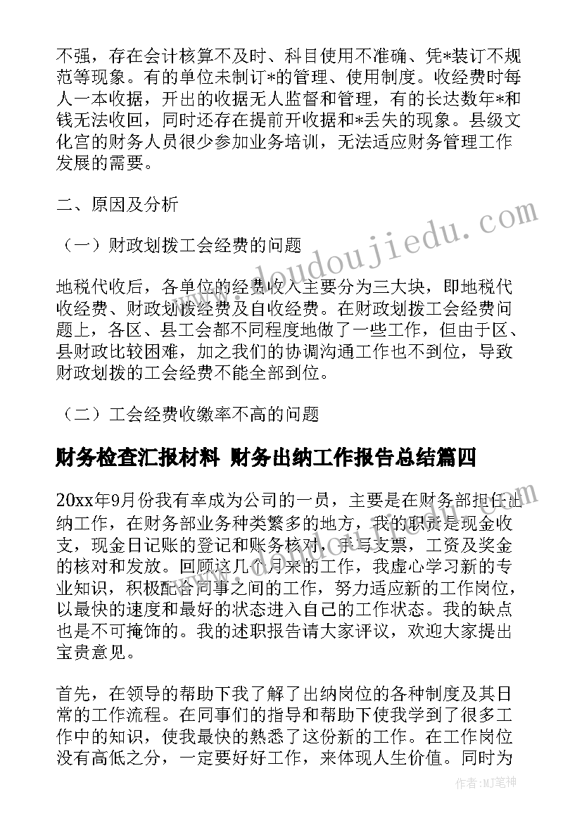 最新财务检查汇报材料 财务出纳工作报告总结(模板5篇)