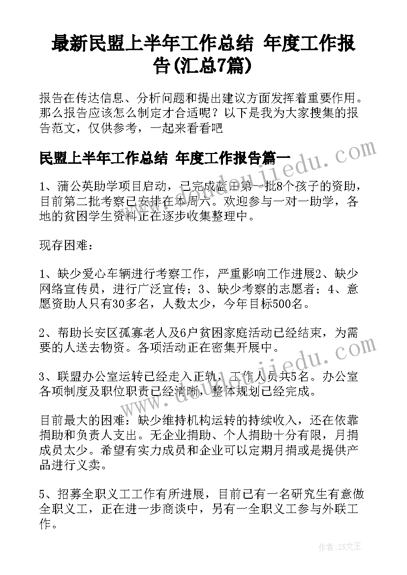 最新民盟上半年工作总结 年度工作报告(汇总7篇)